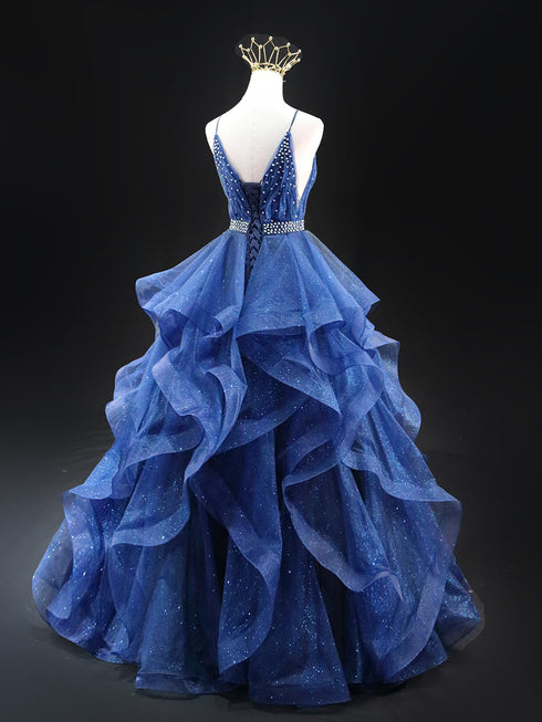 Gothic Navy Blue Layered Tulle Ruffle Dress - Sequin Ball Gown - Spaghetti Strap Wedding Dress Plus Size